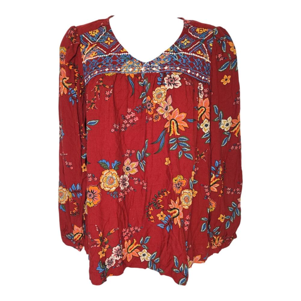Beach Lunch Lounge Wom XS Fall Boho Dark Floral Long Sleeve Blouse V Neck EUC